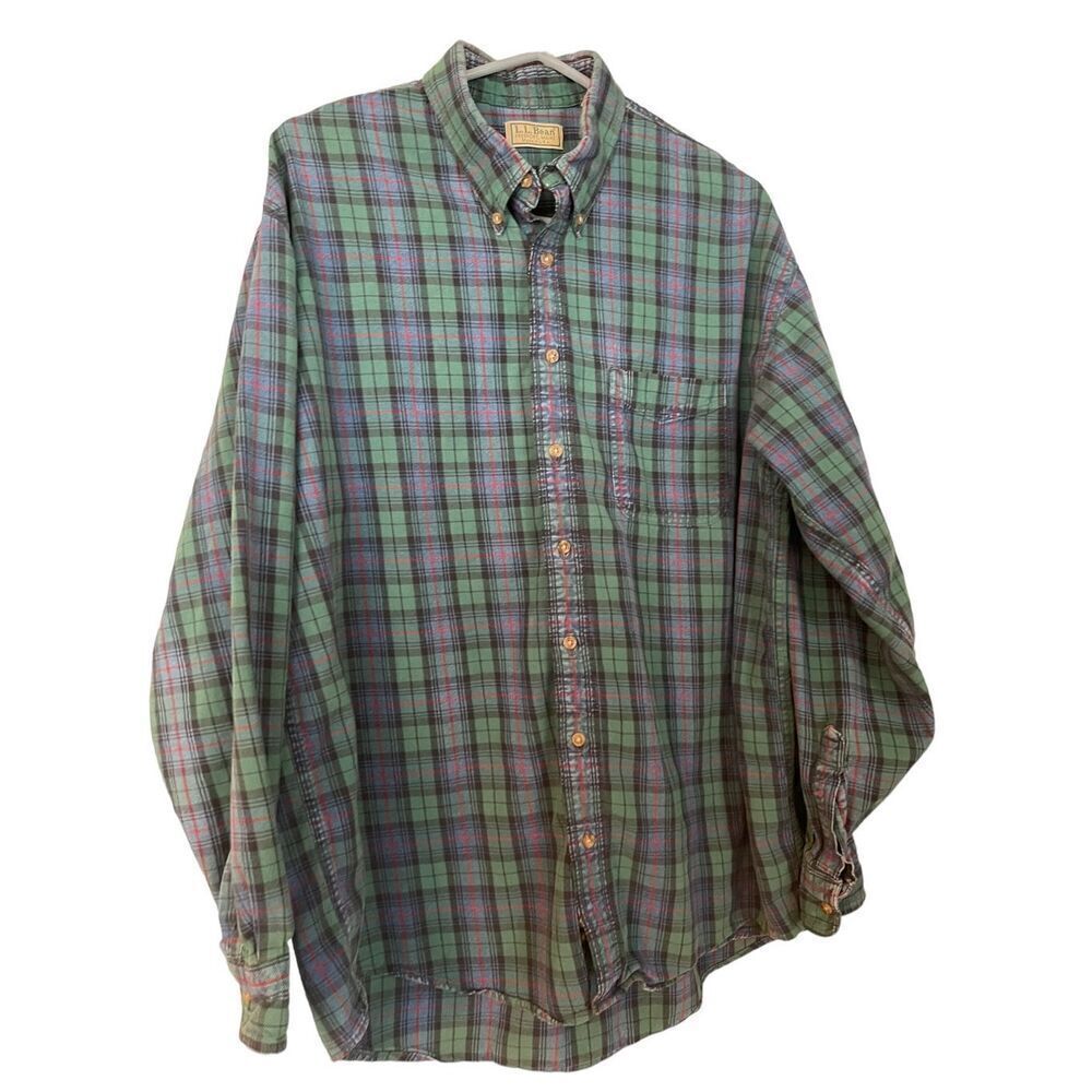 L.L. Bean Mens Blue & Green Plaid Long-Sleeve Button-Up Shirt Extra Large